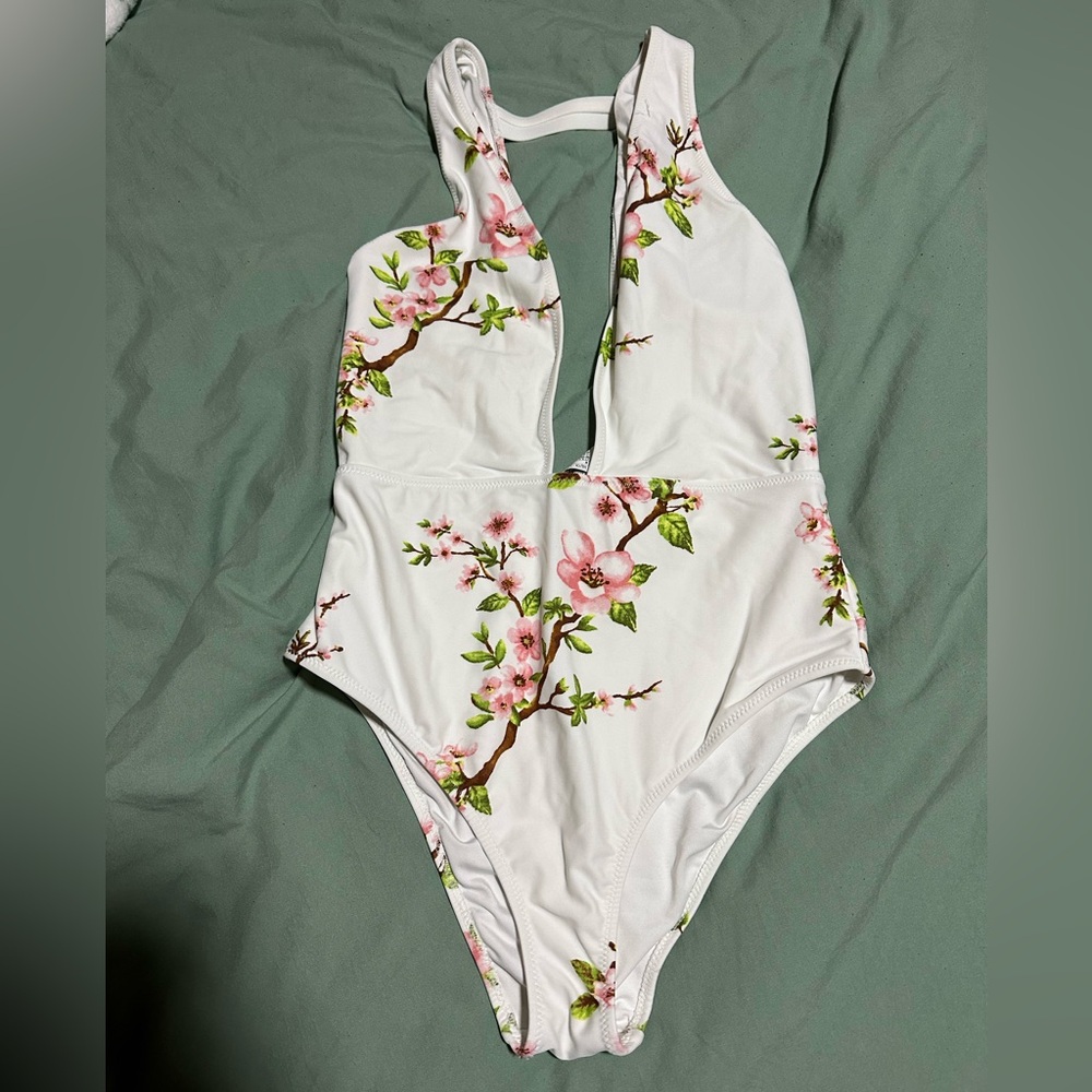 Forever 21 White One-Piece Swimsuit with Pink Floral Print